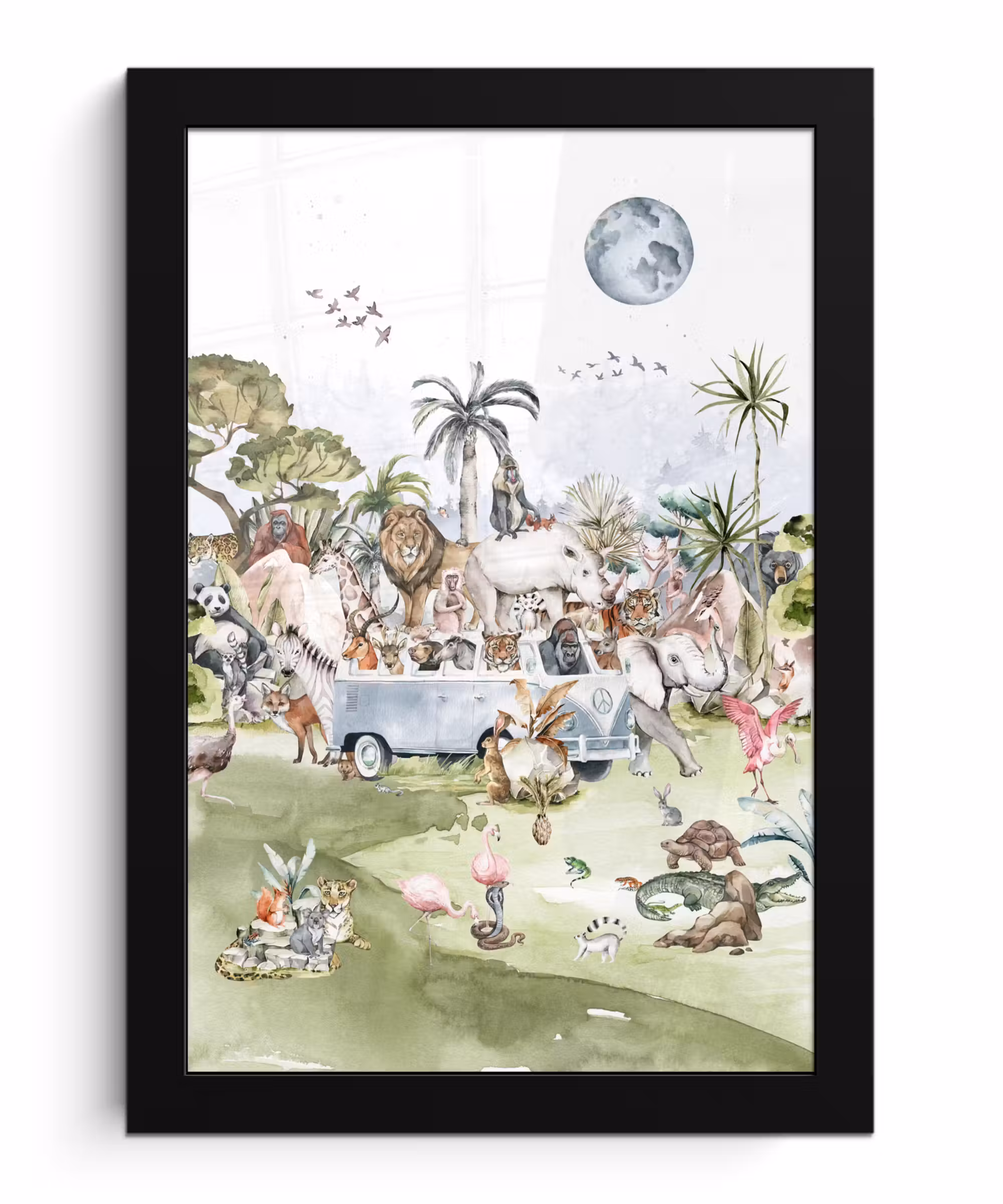 Poster met lijst - Jungle - Bus - Dieren - Kinderen - Planten