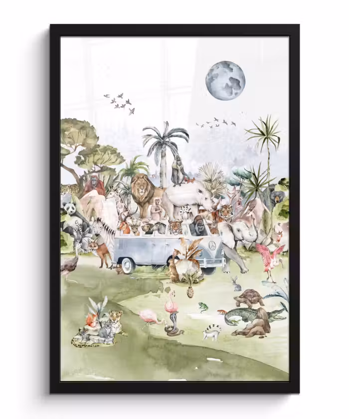 Poster met lijst - Jungle - Bus - Dieren - Kinderen - Planten