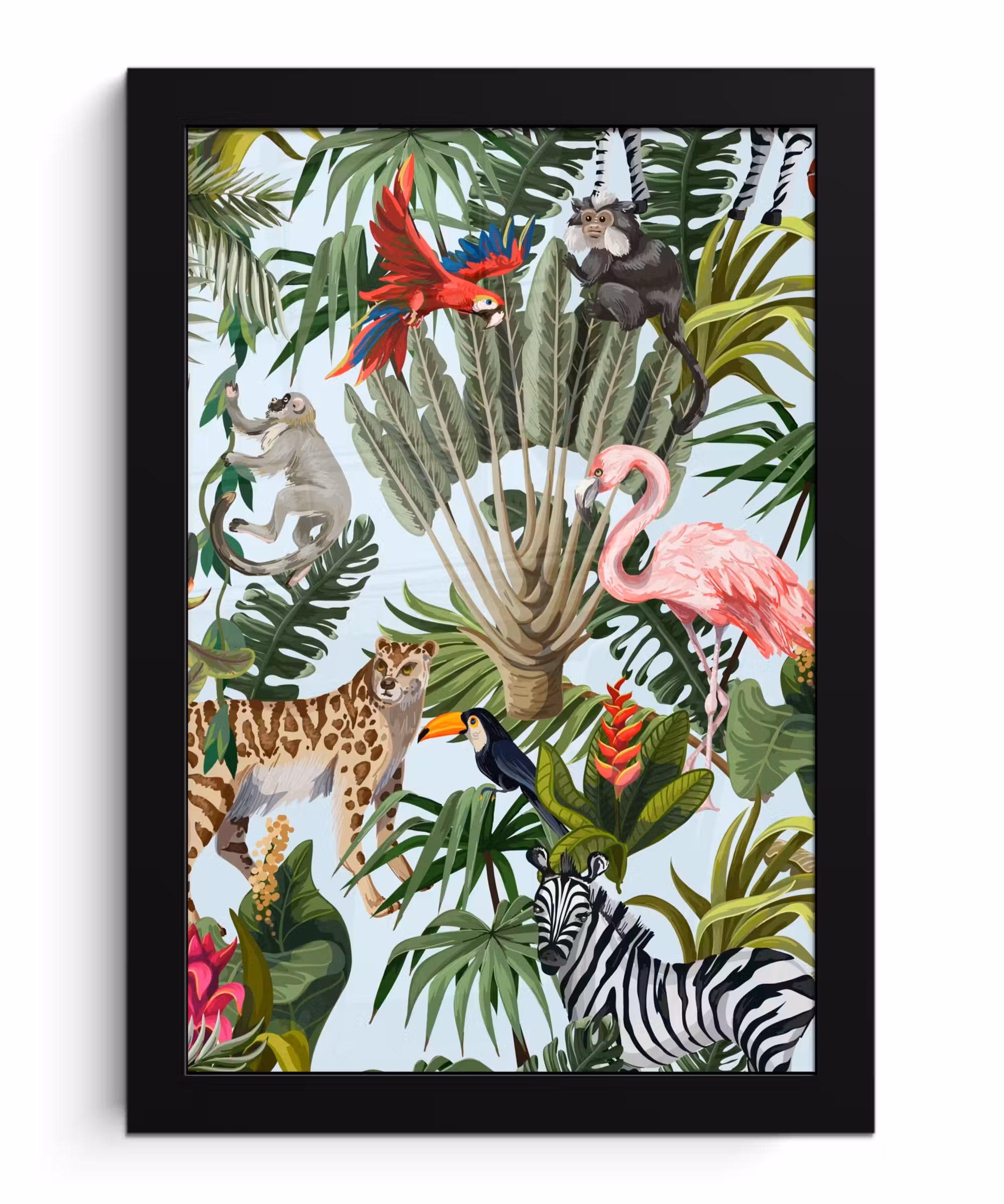 Poster met lijst - Jungle - Dieren - Meisjes - Kinderen - Jongens - Flamingo - Papegaai