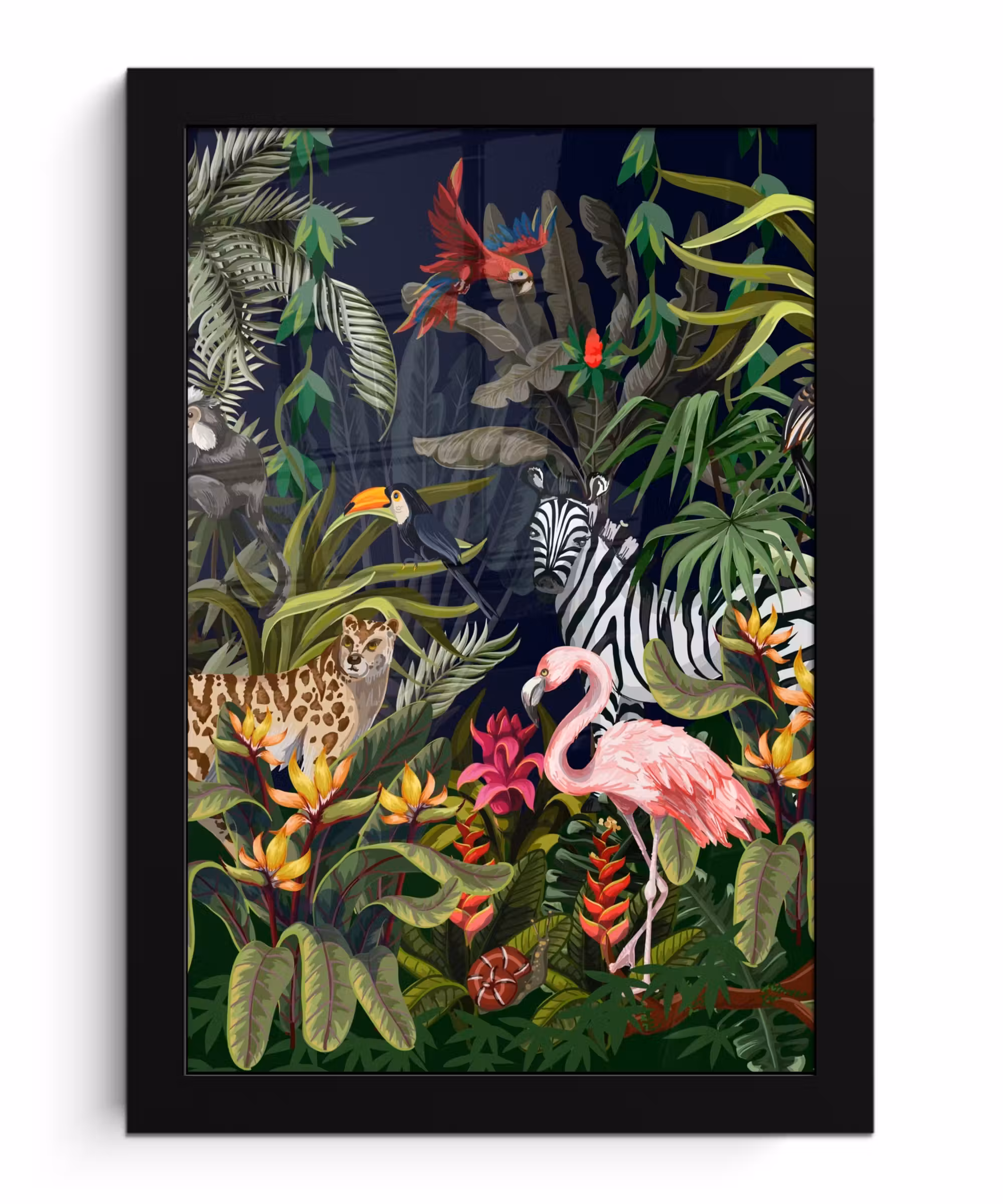 Poster met lijst - Jungle dieren - Natuur - Jongens - Meisjes - Flamingo - Zebra