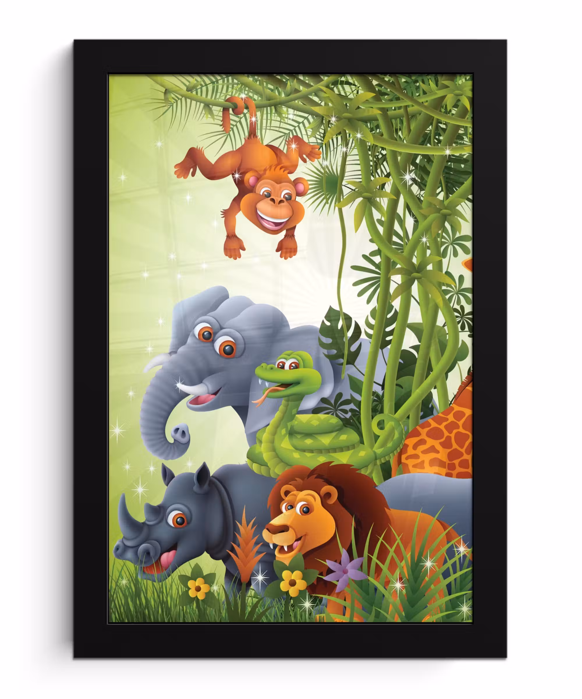Poster met lijst - Jungle dieren - Planten - Kinderen - Olifant - Giraf - Leeuw