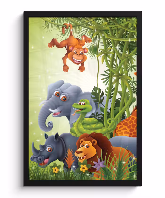 Poster met lijst - Jungle dieren - Planten - Kinderen - Olifant - Giraf - Leeuw