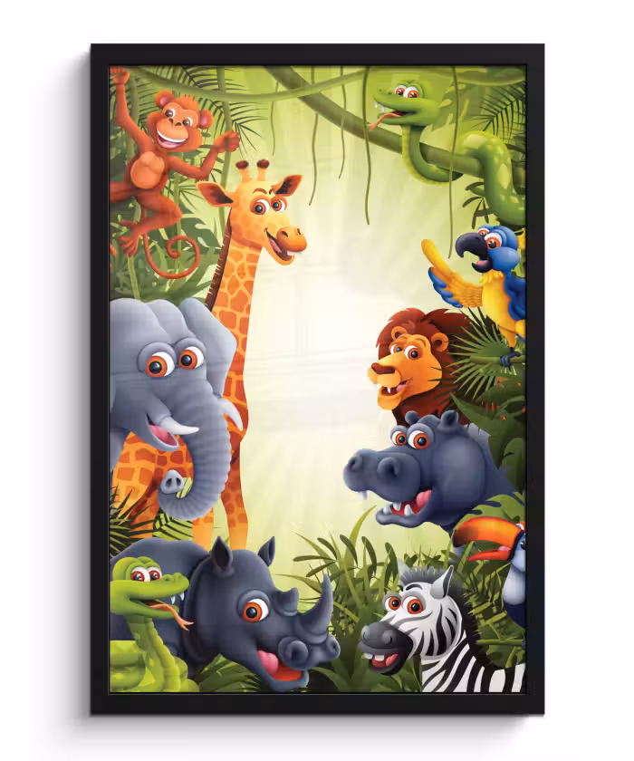 Poster met lijst - Jungle - Jongens - Meiden - Baby - Olifant - Leeuw - Giraf