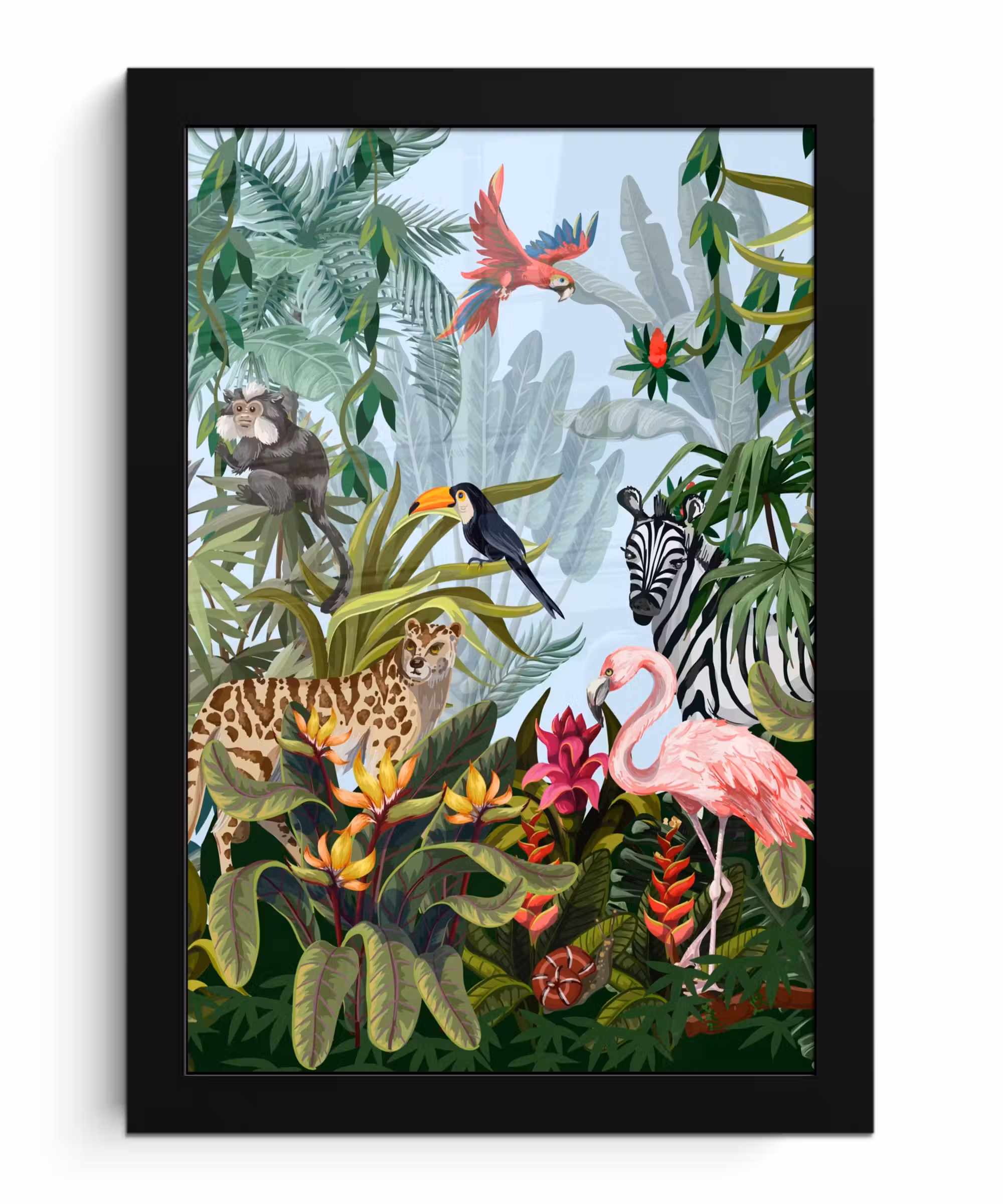 Poster met lijst - Jungle - Natuur - Jongens - Meisjes - Kinderen - Zebra - Flamingo