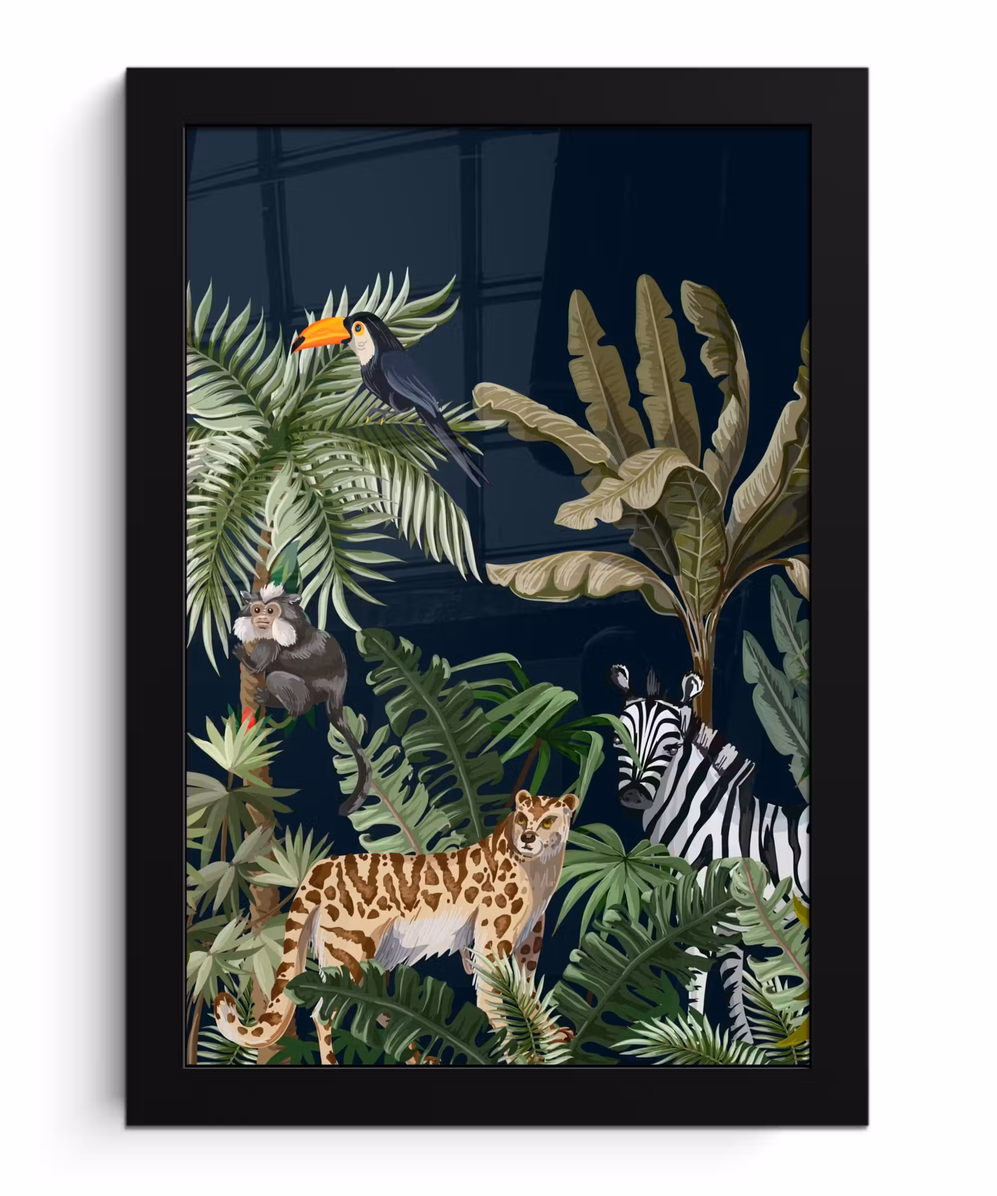 Poster met lijst - Jungle - Planten - Dieren - Kinderen - Flamingo - Zebra