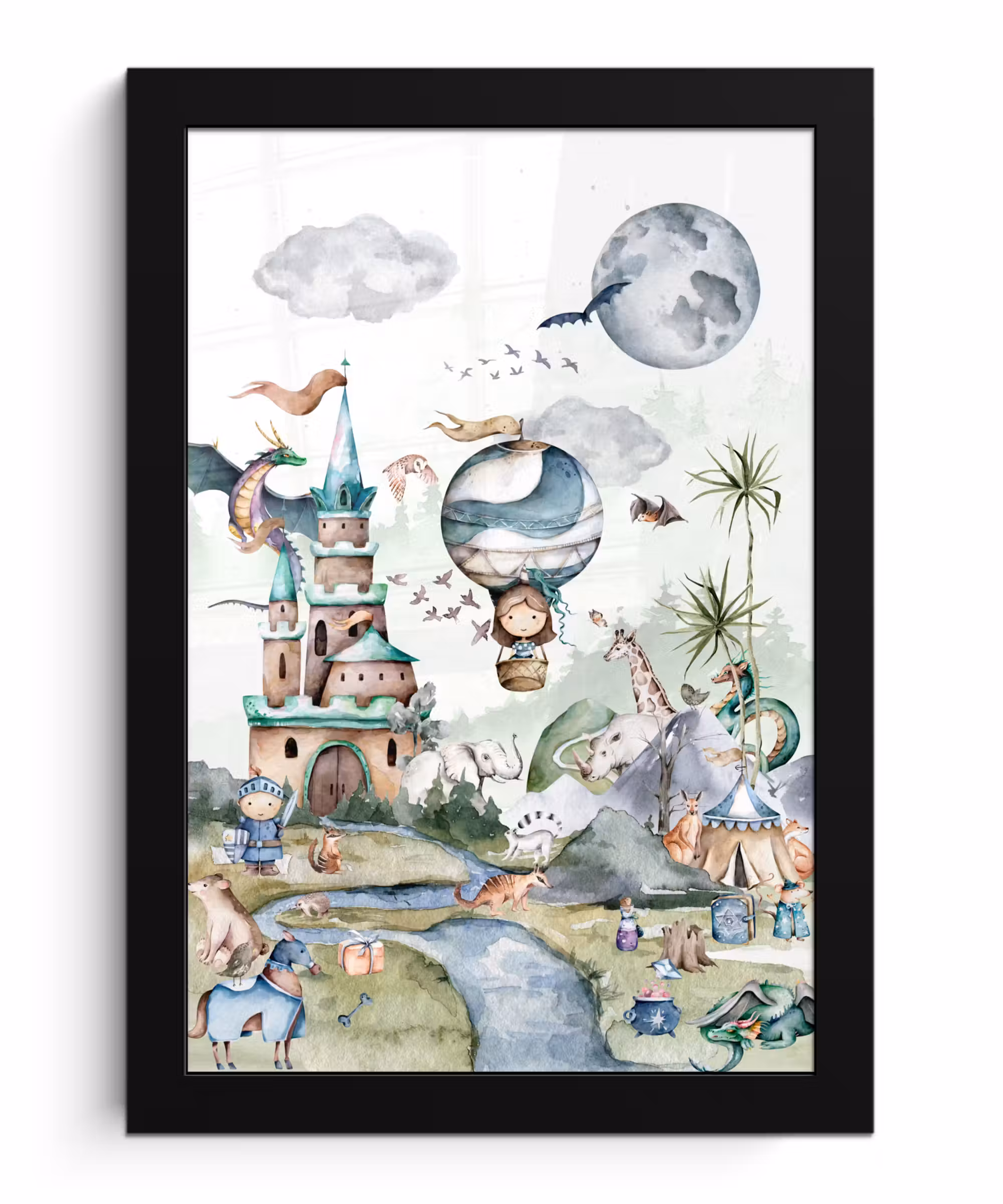 Poster met lijst - Kinderen - Luchtballon - Draak - Jongens - Kasteel - Waterverf