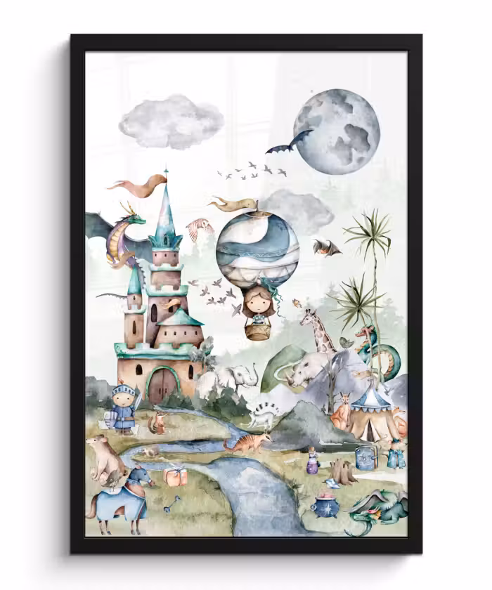 Poster met lijst - Kinderen - Luchtballon - Draak - Jongens - Kasteel - Waterverf