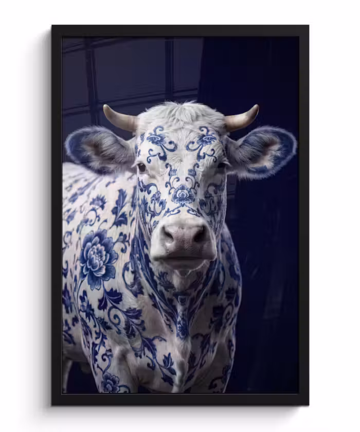 Poster met lijst - Koe - Delfts - Blauw - Artistiek