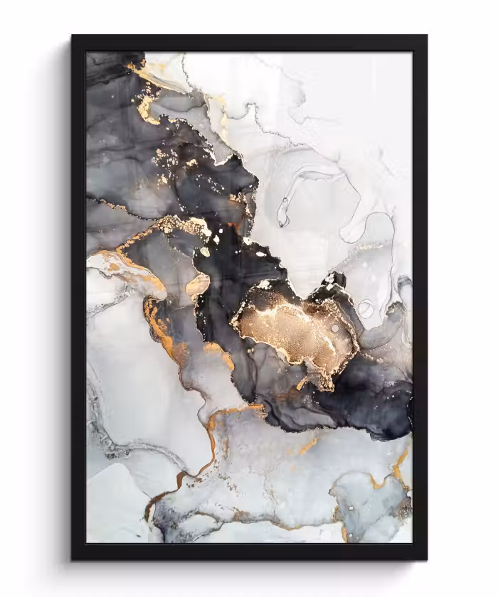 Poster met lijst - Marmer - Zwart - Wit - Goud - Luxe - Abstract