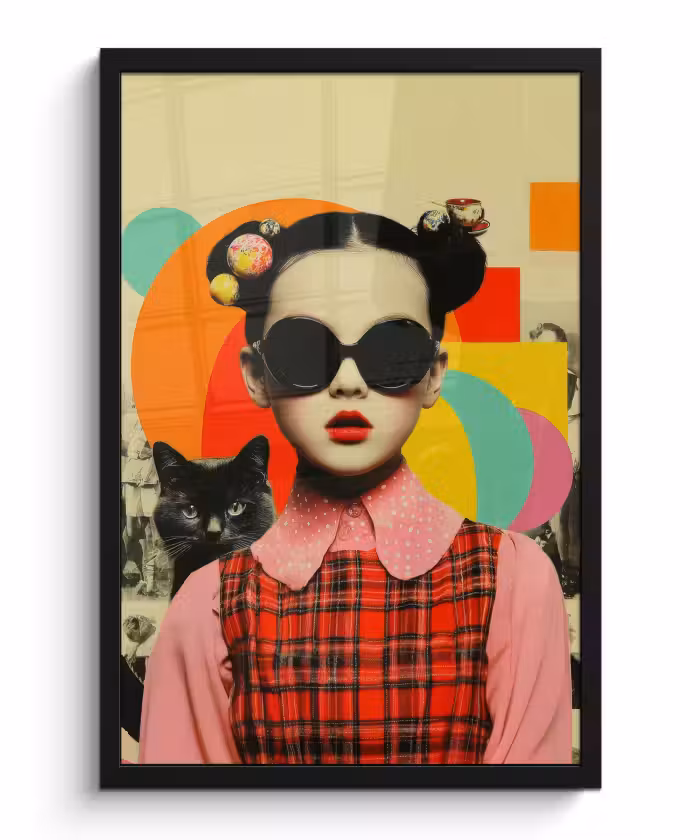 Poster met lijst - Meisje - Zonnebril - Kat - Retro