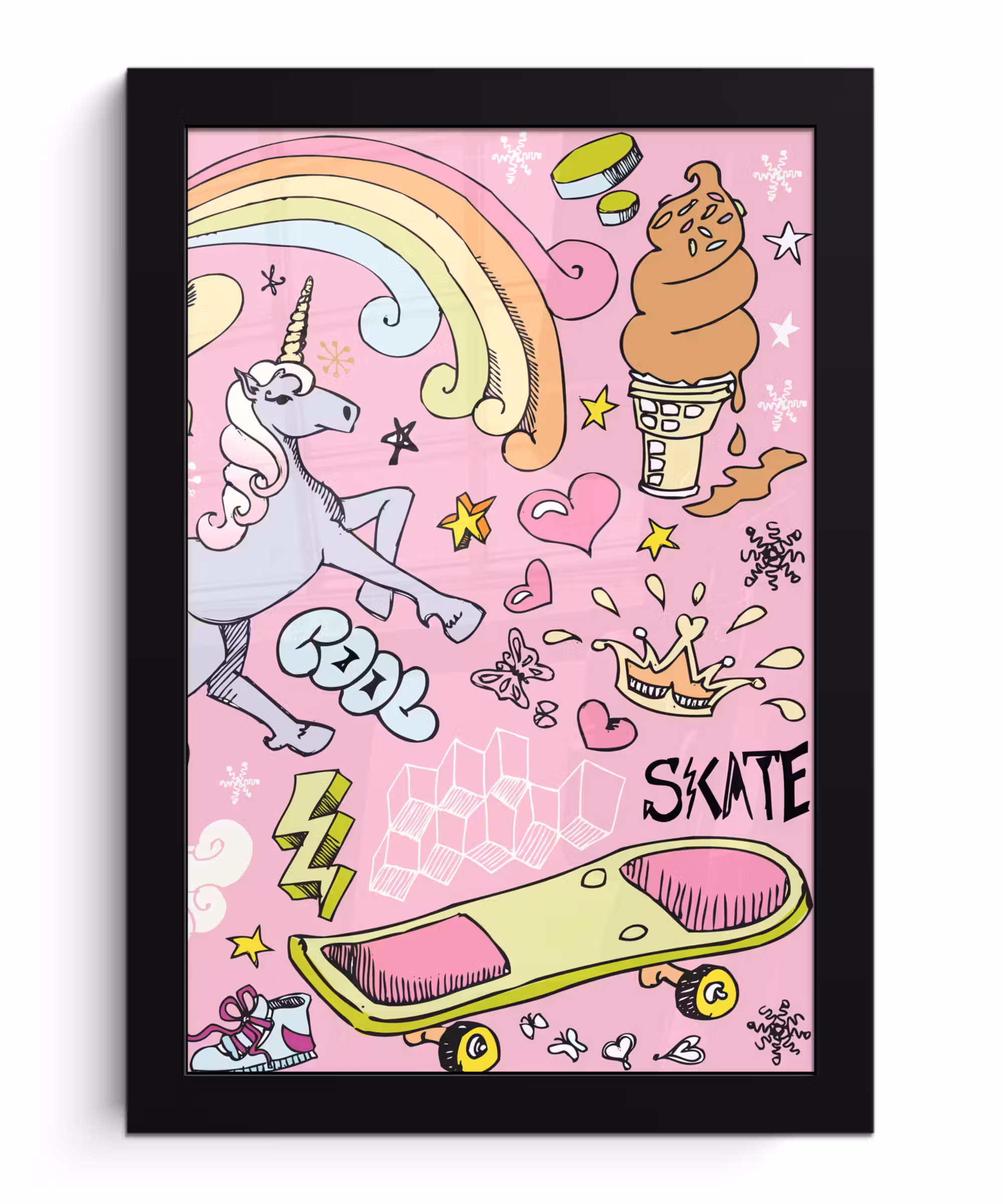 Poster met lijst - Meisjes - Design - Unicorn - Regenboog - Roze