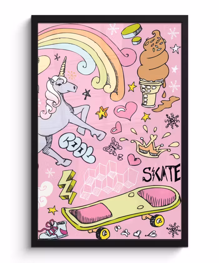 Poster met lijst - Meisjes - Design - Unicorn - Regenboog - Roze