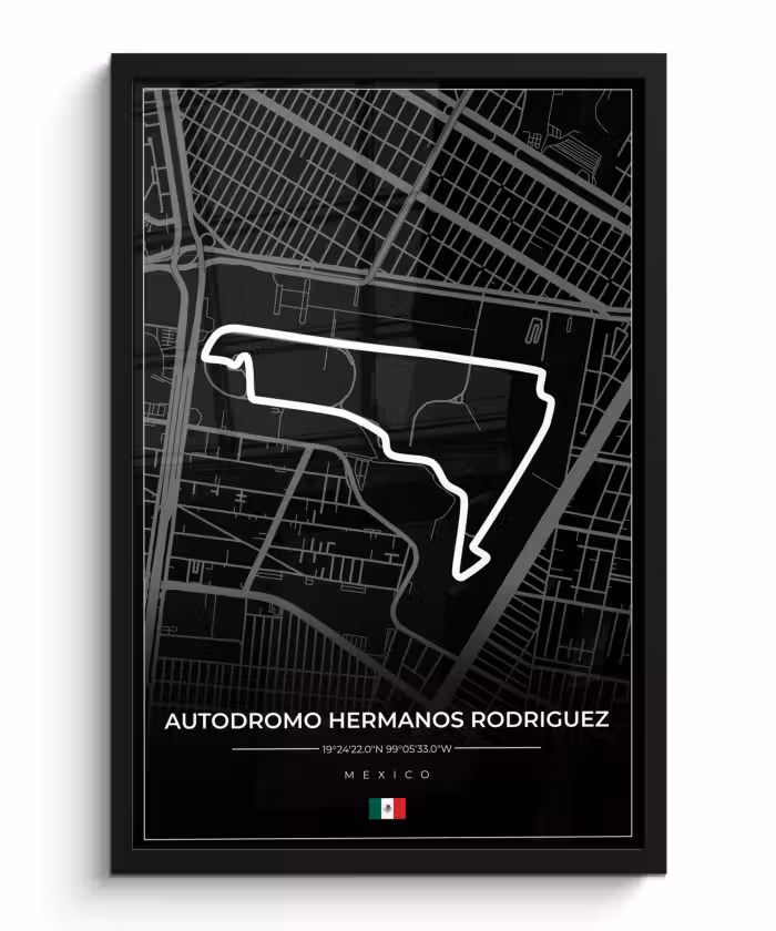 Poster met lijst - Mexico - Circuit - Autodromo Hermanos Rodríguez - Formule 1 - Racing - Zwart