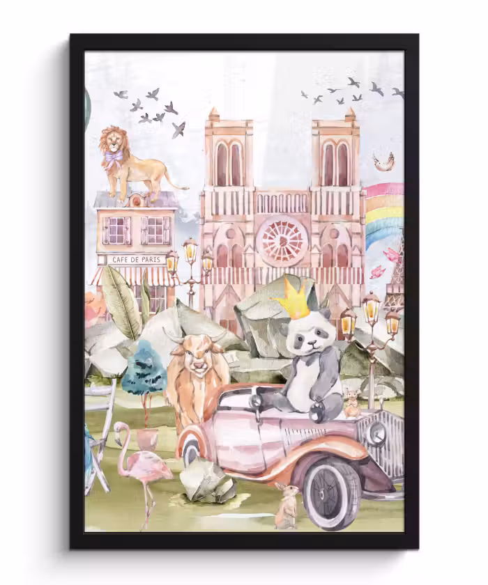 Poster met lijst - Parijs - Regenboog - Kinderen - Roze - Meisjes - Dieren