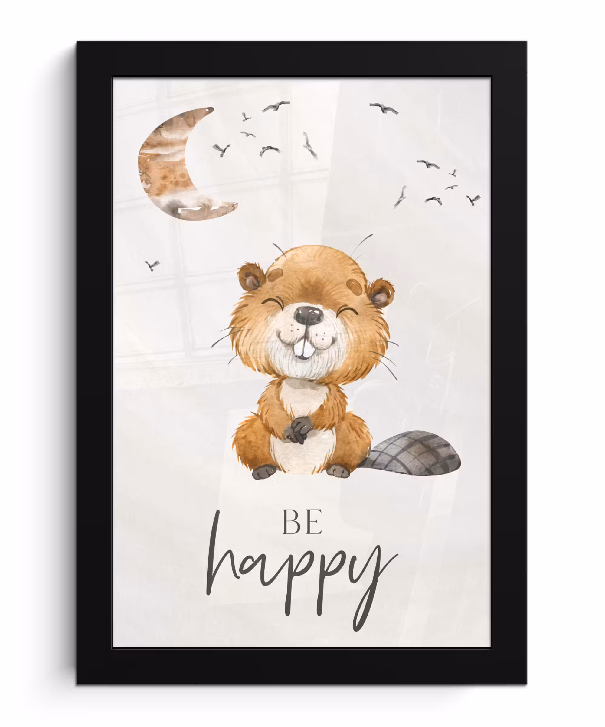 Poster met lijst - Quotes - Be happy - Kinderen - Maan - Bever - Waterverf