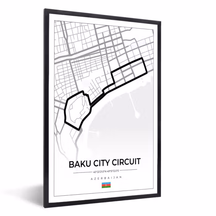 Poster met lijst - Racebaan - Circuit - F1 - Baku City Circuit - Azerbeidzjan - Wit