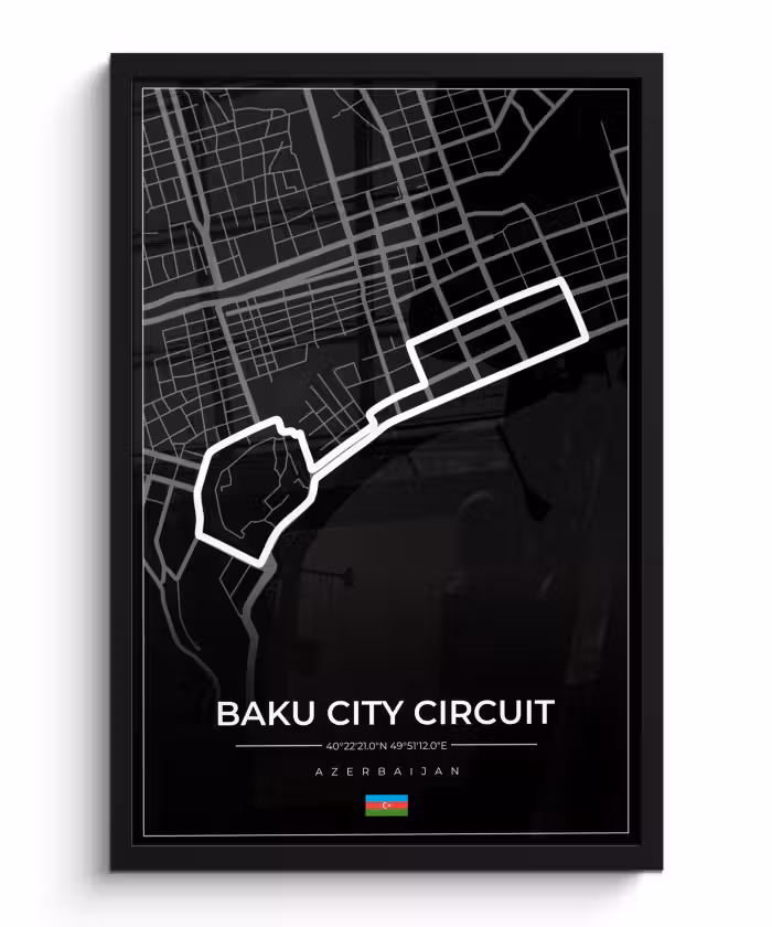 Poster met lijst - Racebaan - Circuit - F1 - Baku City Circuit - Azerbeidzjan - Zwart