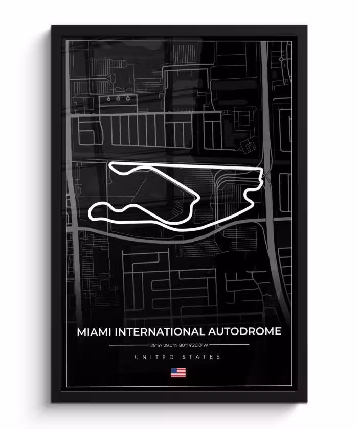 Poster met lijst - Racebaan - Verenigde Staten - Formule 1 - Miami International Autodrome - Circuit - Zwart