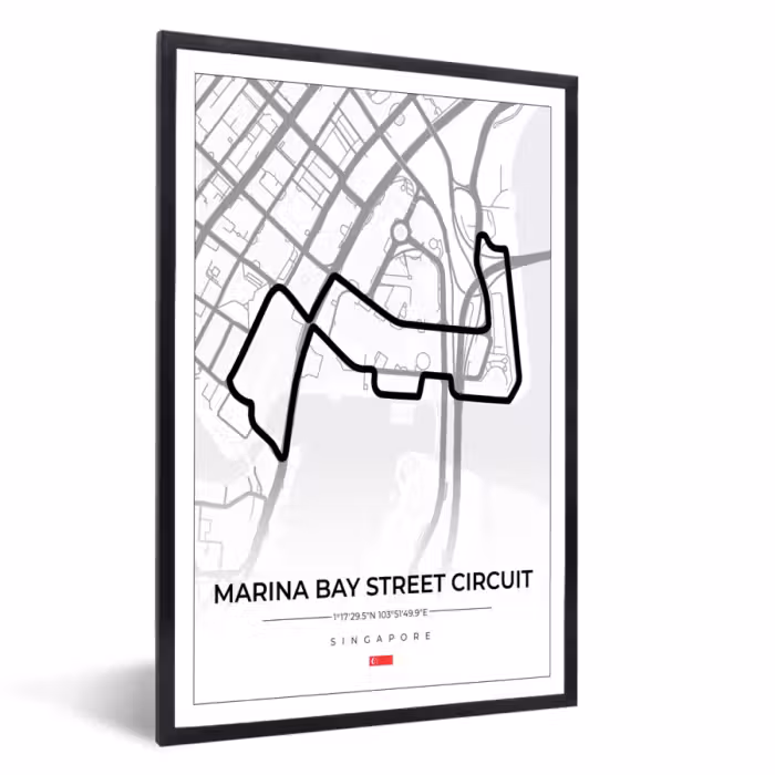 Poster met lijst - Racing - Sport - Racebaan - Singapore - Marina Bay Street Circuit - Wit