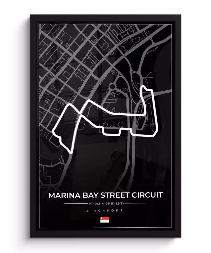 Poster met lijst - Racing - Sport - Racebaan - Singapore - Marina Bay Street Circuit - Zwart