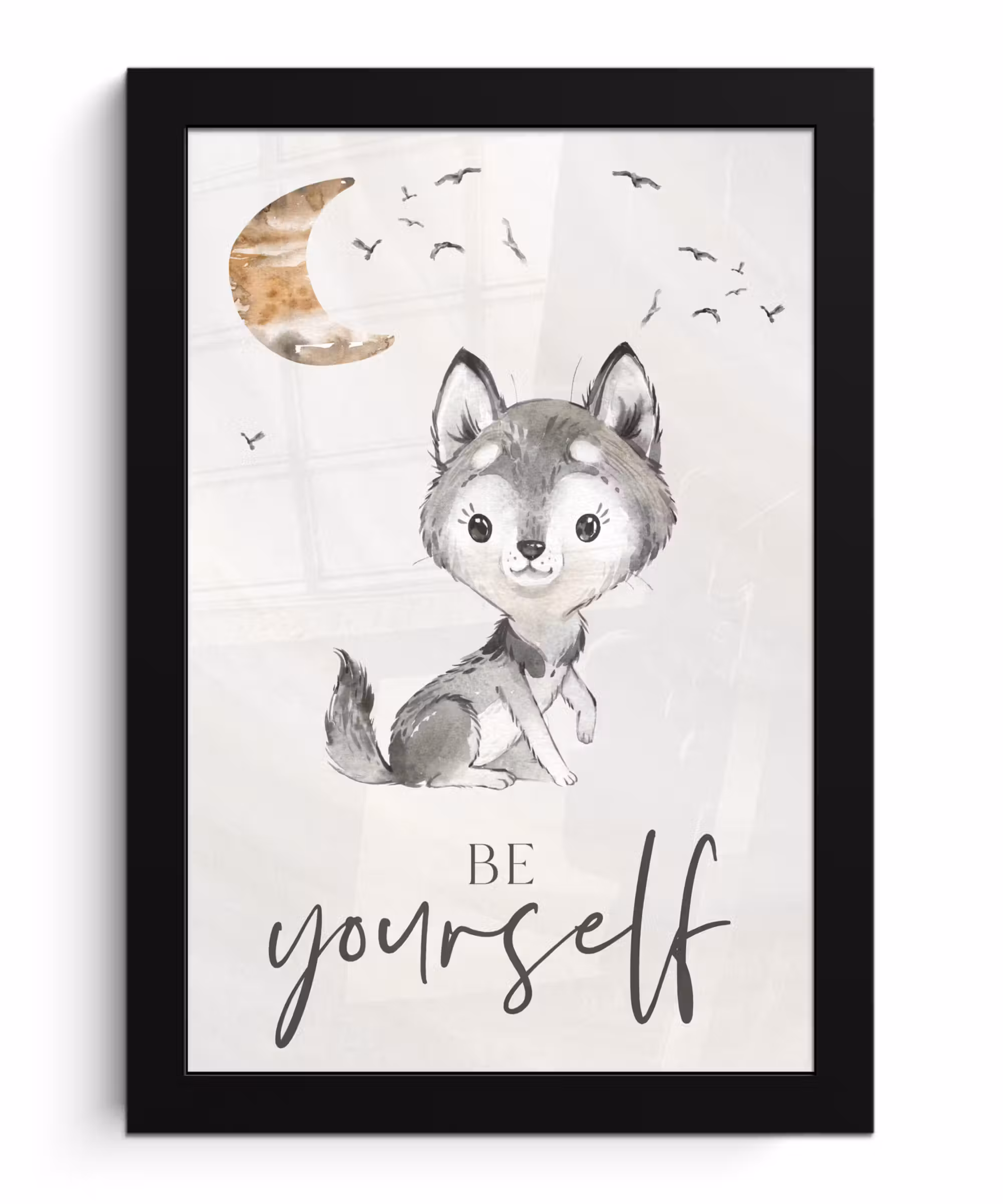 Poster met lijst - Spreuken - Wolf - Be yourself - Kinderen - Jongens - Meisjes - Waterverf