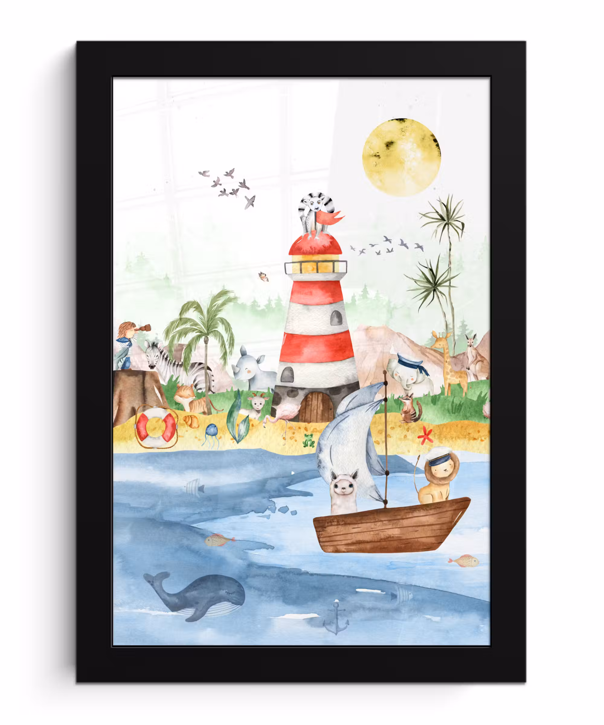 Poster met lijst - Strand - Dieren - Kinderen - Vuurtoren - Jongens