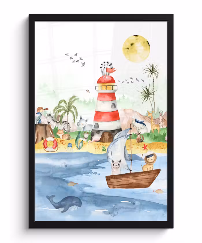 Poster met lijst - Strand - Dieren - Kinderen - Vuurtoren - Jongens