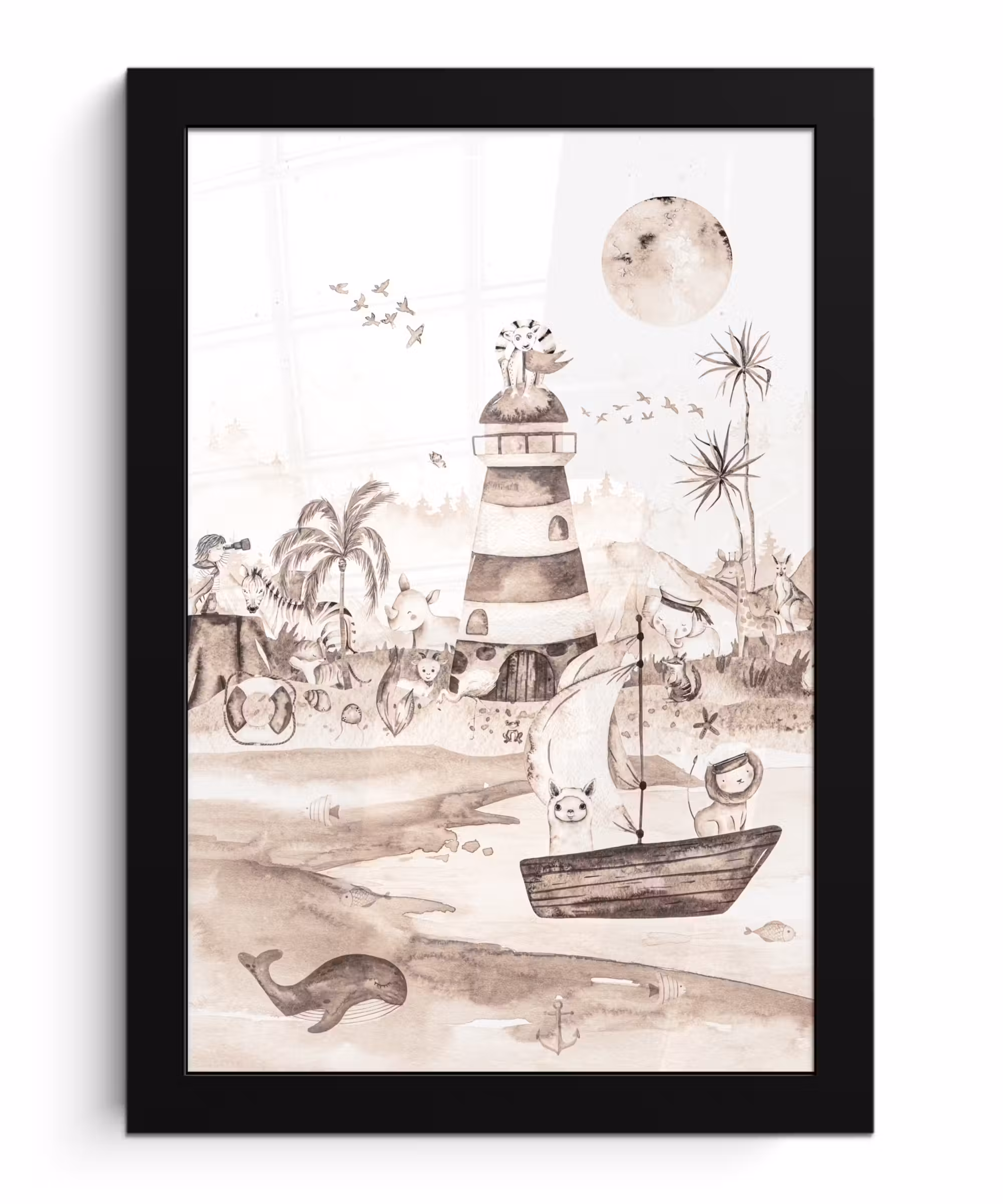 Poster met lijst - Strand - Kinderen - Vuurtoren - Alpaca - Zee - Dieren