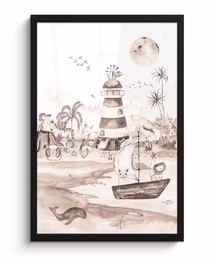 Poster met lijst - Strand - Kinderen - Vuurtoren - Alpaca - Zee - Dieren