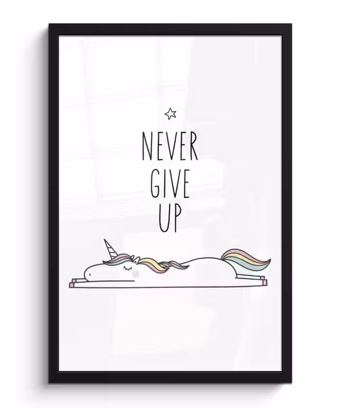 Poster met lijst - Unicorn - Kinderen - Quotes - Never give up - Meisjes