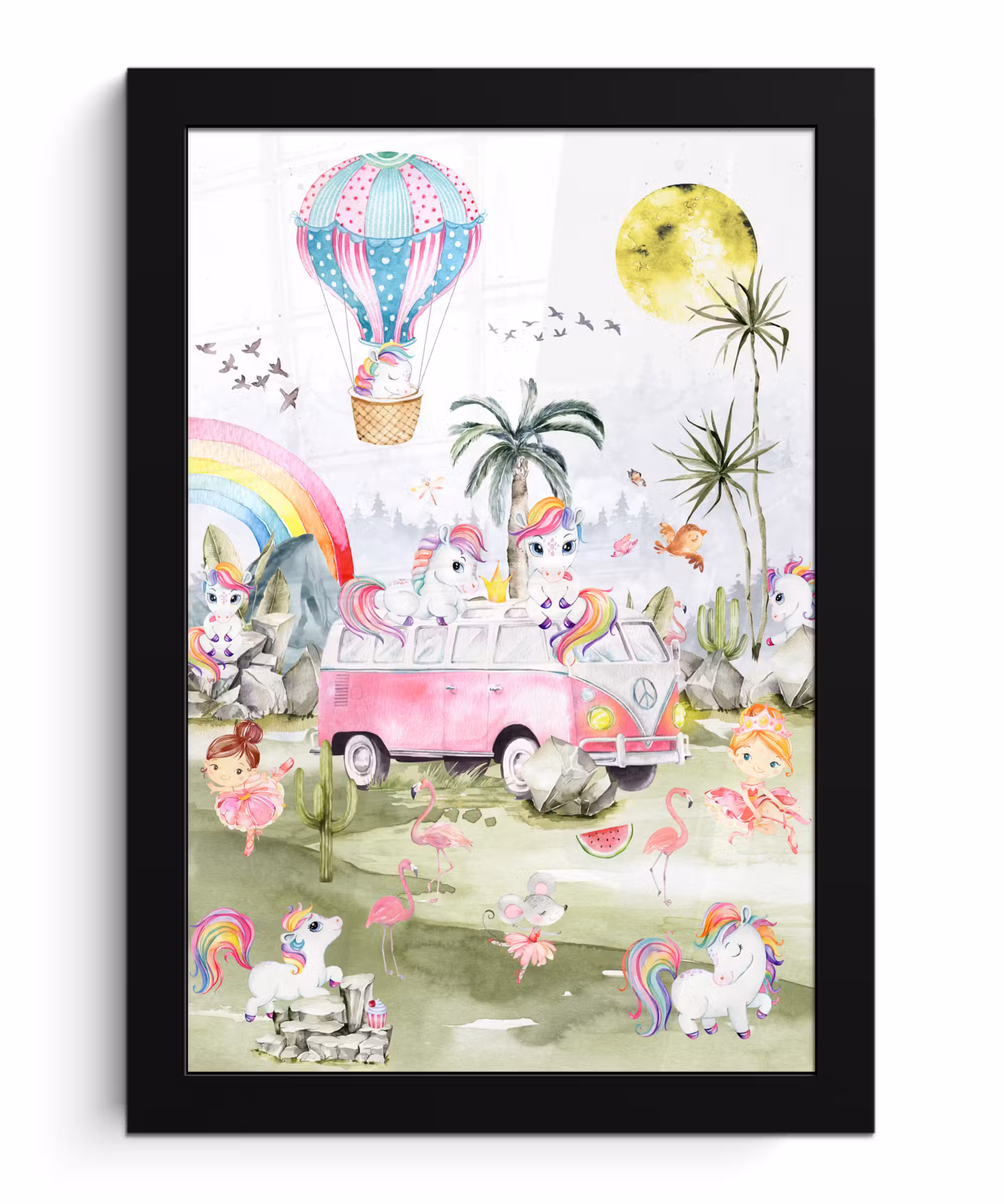 Poster met lijst - Unicorn - Regenboog - Kinderen - Meiden - Auto