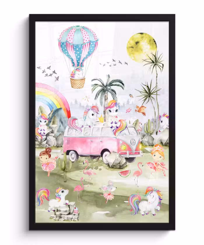 Poster met lijst - Unicorn - Regenboog - Kinderen - Meiden - Auto