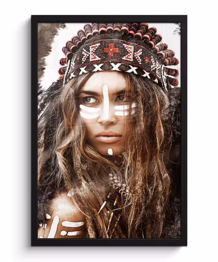 Poster met lijst - Vrouw - Indianentooi - Veren - Strepen