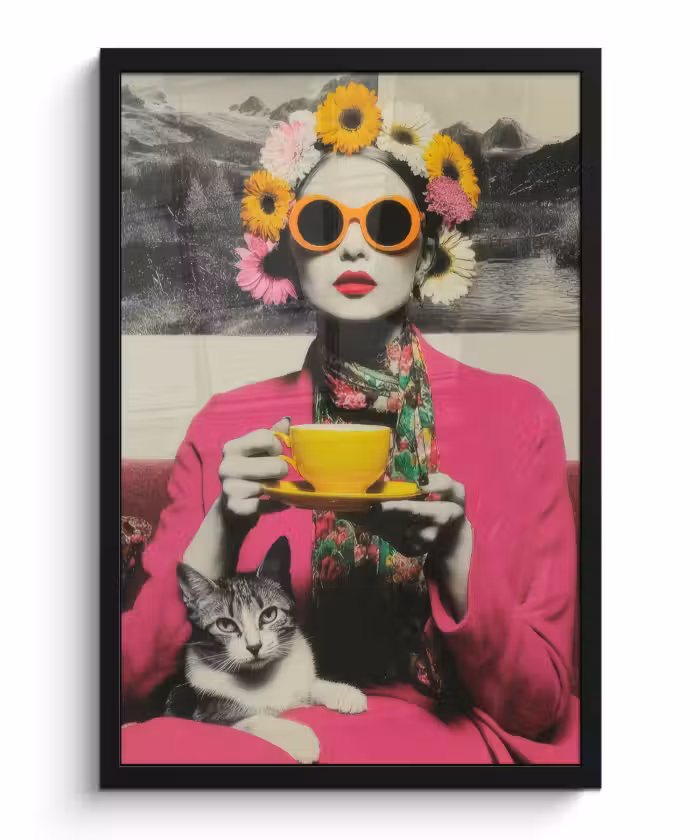 Poster met lijst - Vrouw - Kat - Bloemen - Kopje - Retro