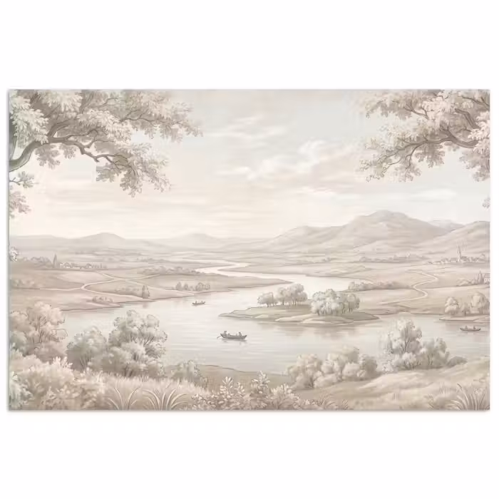 Poster - Rivierlandschap - Bergen - Natuur - Vintage - Beige