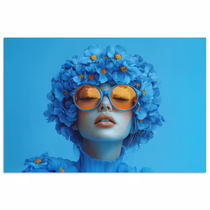 Poster – Vrouw - Bloem - Blauw - Modern - Bril - Portret