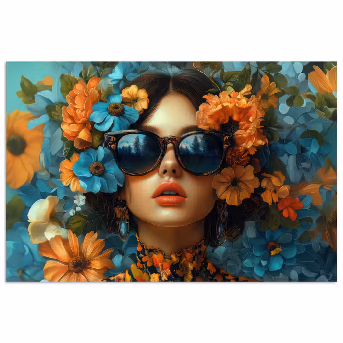 Poster – Vrouw - Bloemen - Oranje - Blauw - Modern