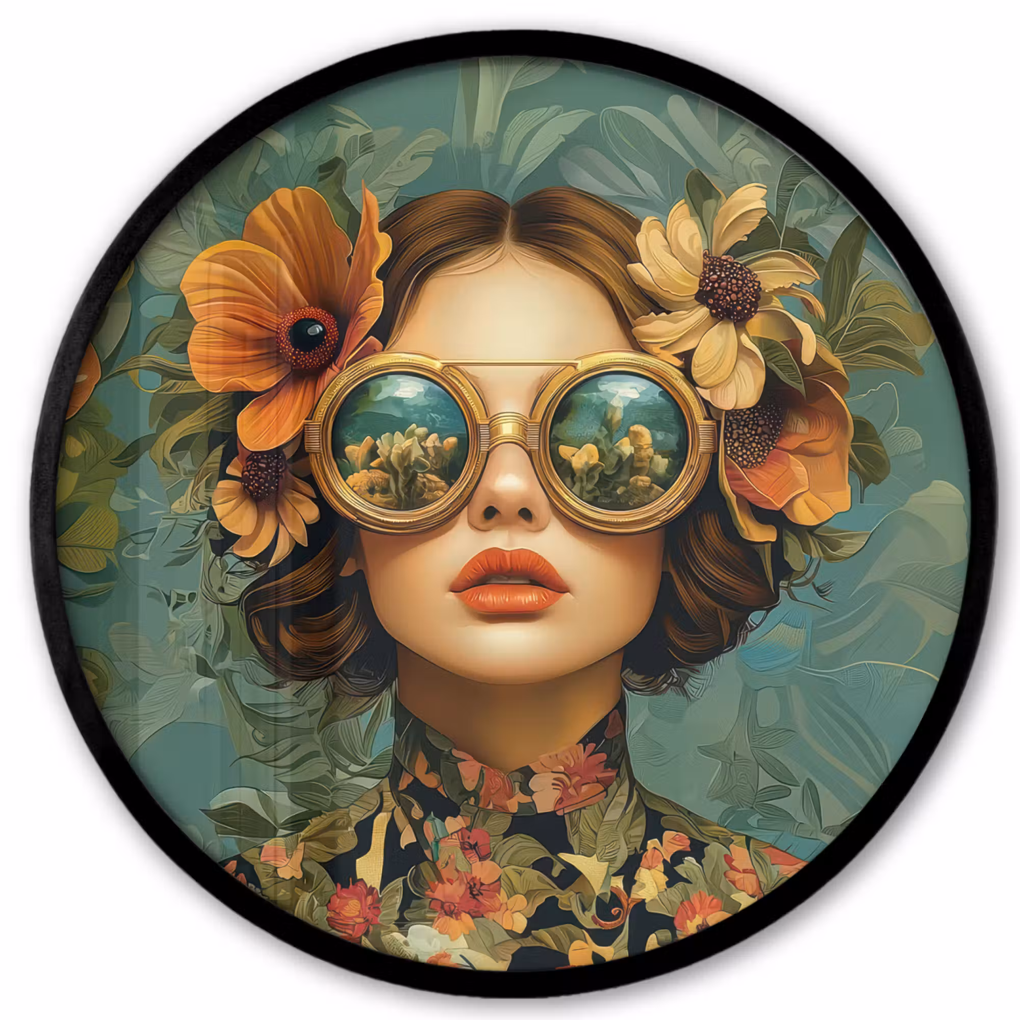Ronde fotolijst - Vrouw - Bloemen - Vlinders - Natuur - Vintage
