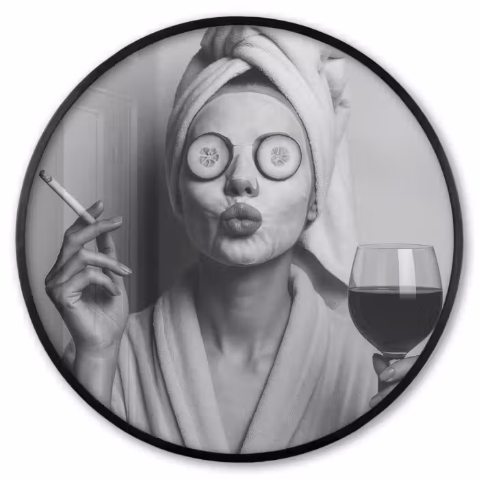 Ronde fotolijst - Vrouw - Masker - Wijn - Sigaret
