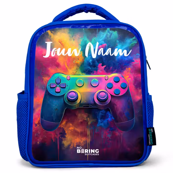 Kinderrugzak met naam - Blauw - Game - Controller - Kleurrijk - Explosie