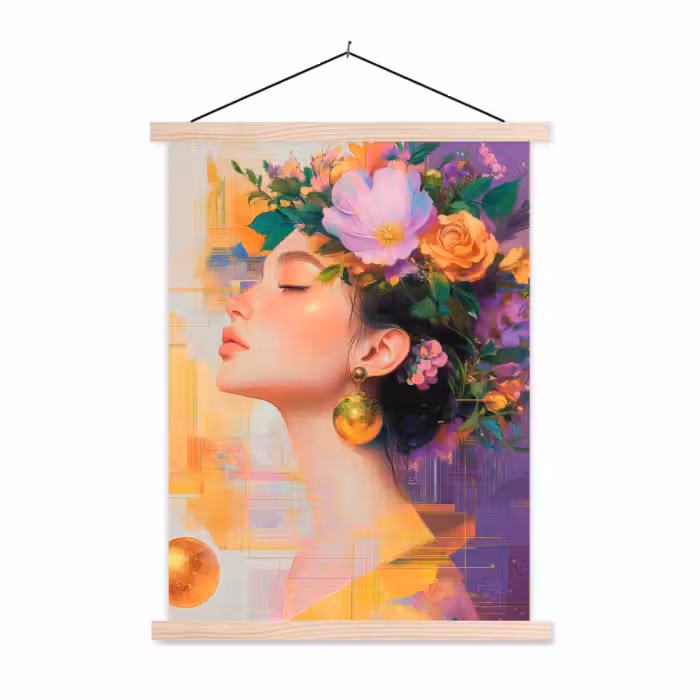 Schoolplaat -  Abstract - Vrouw - Bloemenkroon - Goud