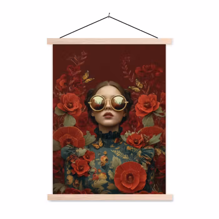 Schoolplaat - Bloemen - Dieprood - Zonnebril - Vrouw