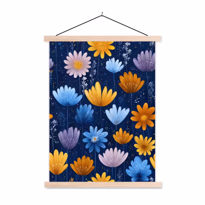 Schoolplaat - Bloemen - Patroon - Blauw - Contrast