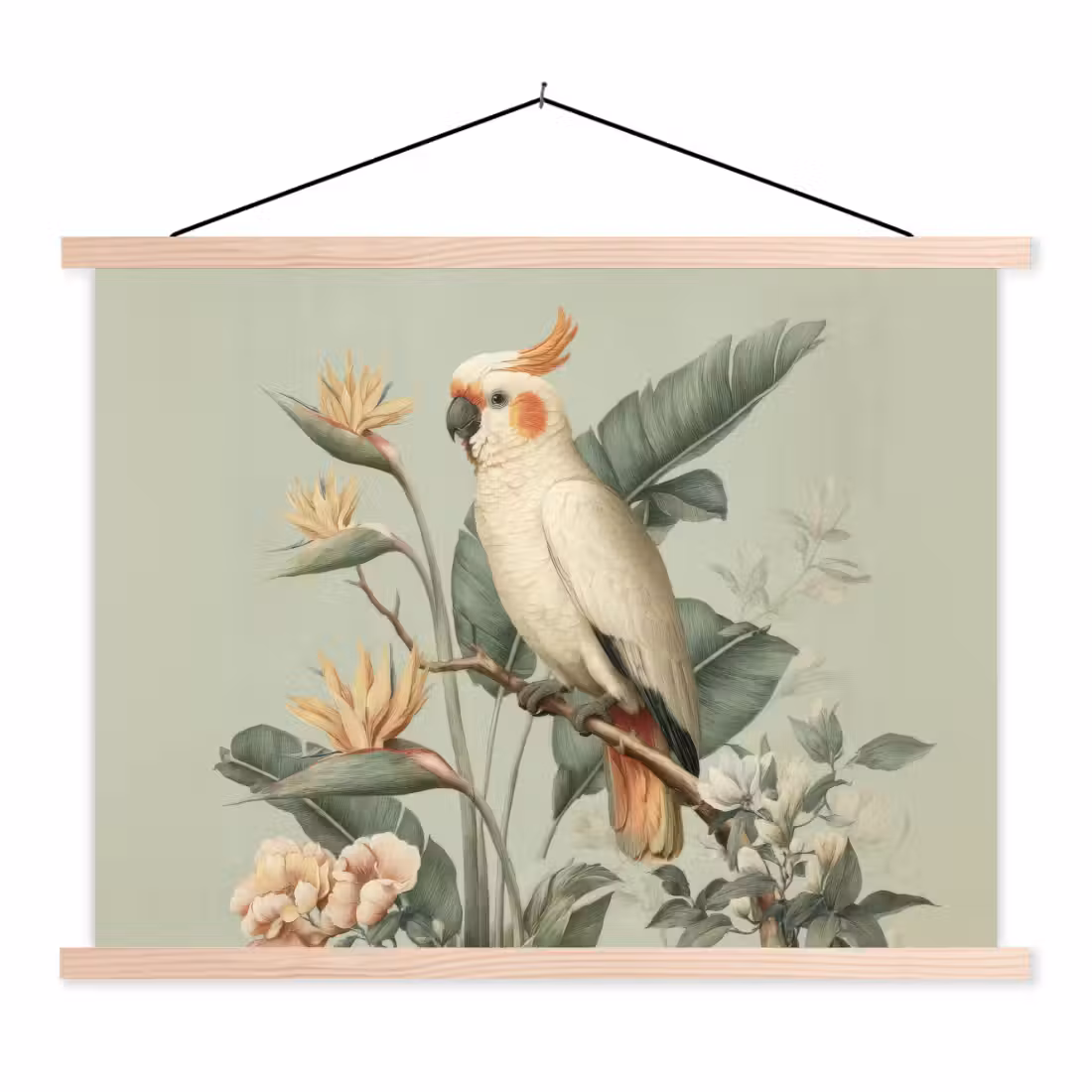 Schoolplaat - Gele kuifkaketoe - paradijsvogelbloemen - Groen