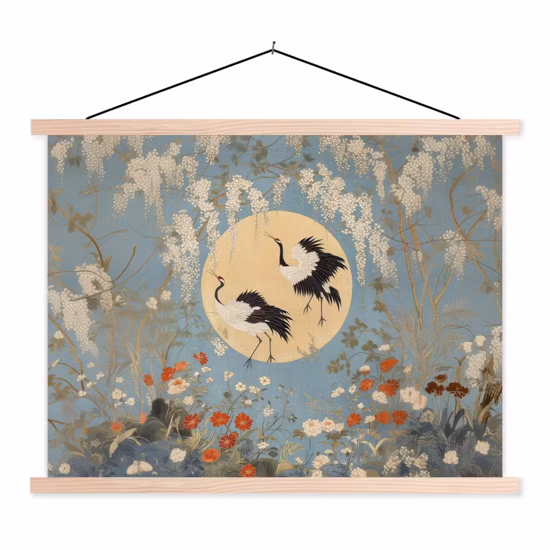 Schoolplaat -  Kraanvogels - Maan - Bloemen - Blauw