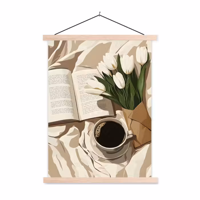 Schoolplaat -  Boek - Illustratie - Tulpen - Koffie