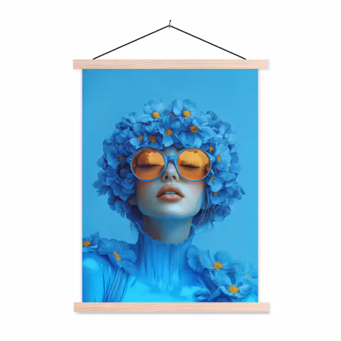 Schoolplaat -  Vrouw - Bloem - Blauw - Modern - Bril - Portret