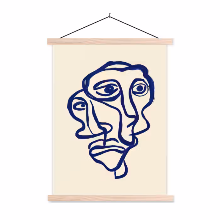 Schoolplaat - Lijntekening - Overlappende gezichten - Donkerblauw