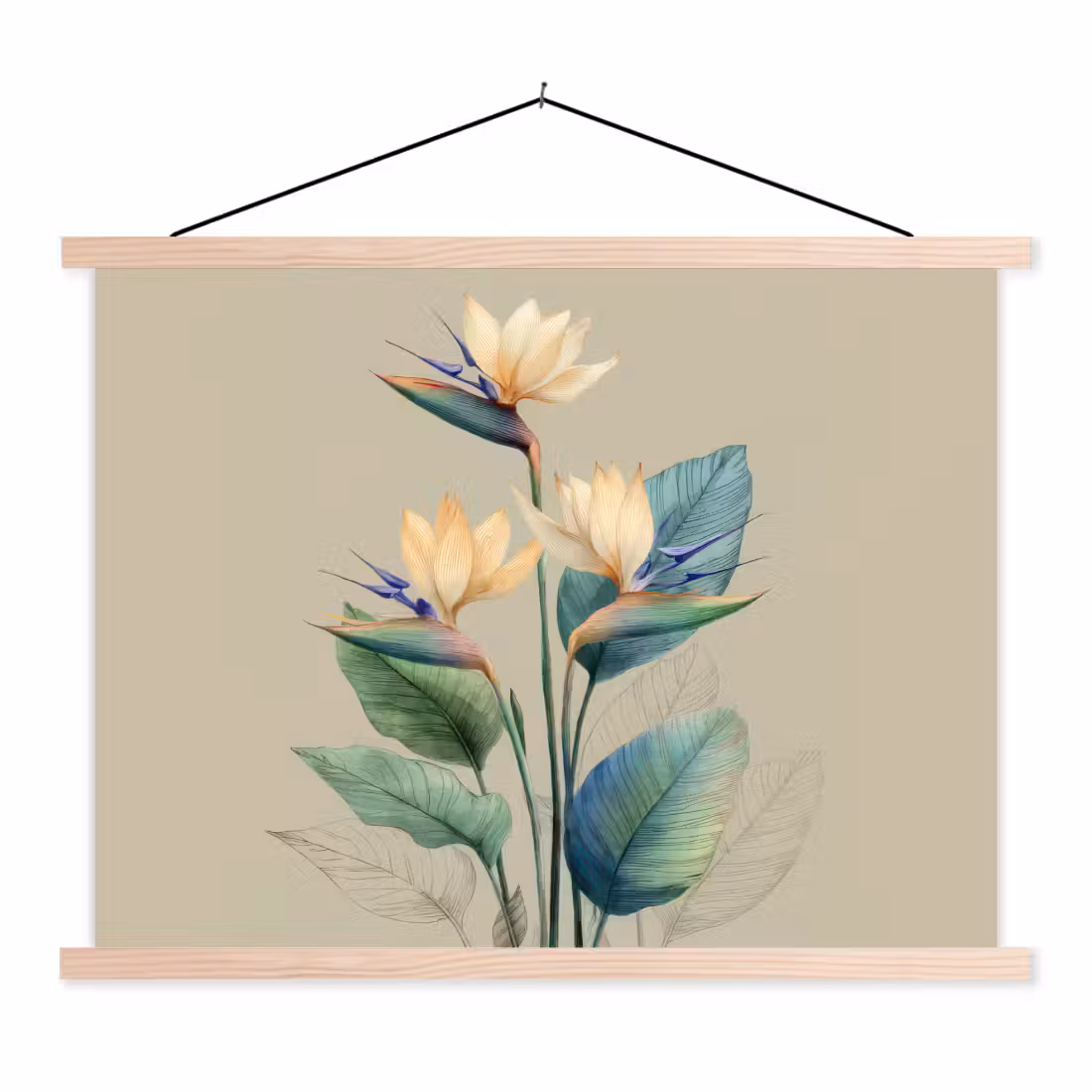 Schoolplaat - Paradijsvogelbloemen - Blauwgroene bladeren - Beige