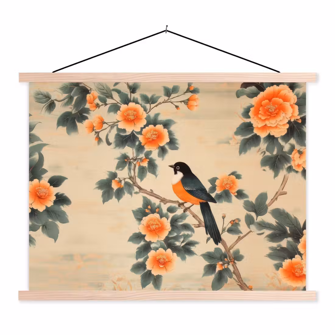 Schoolplaat -  Vogel - Tak - Bloemen - Oranje